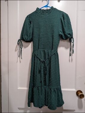 SHEIN Dark Green Smocked Midi Dress with Tie Waist